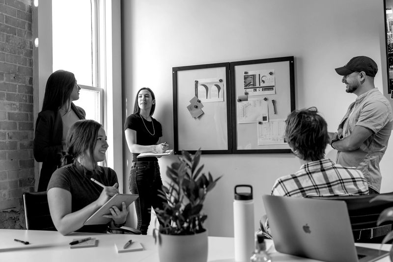 Team discussing a project in the office