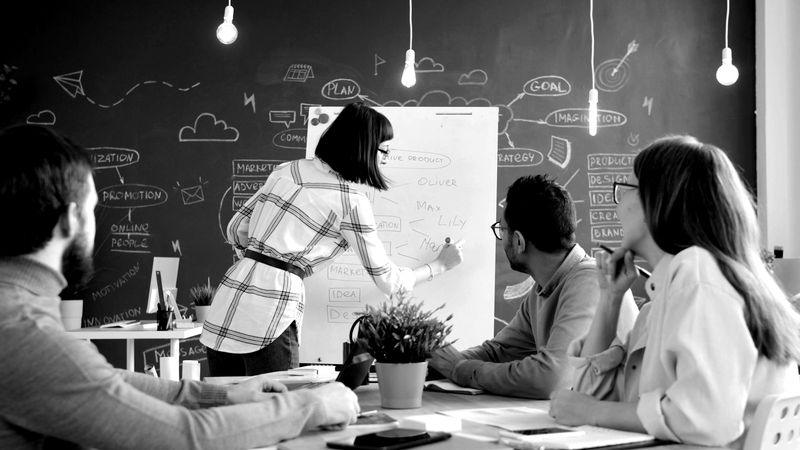 Team planning work at a whiteboard
